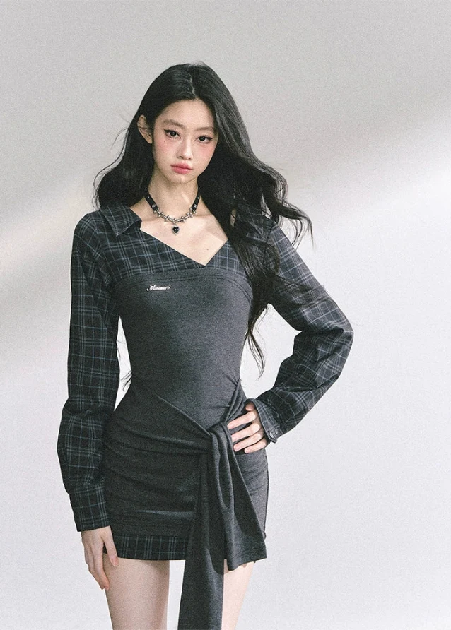 Élise Check Drapé Dress - iotean