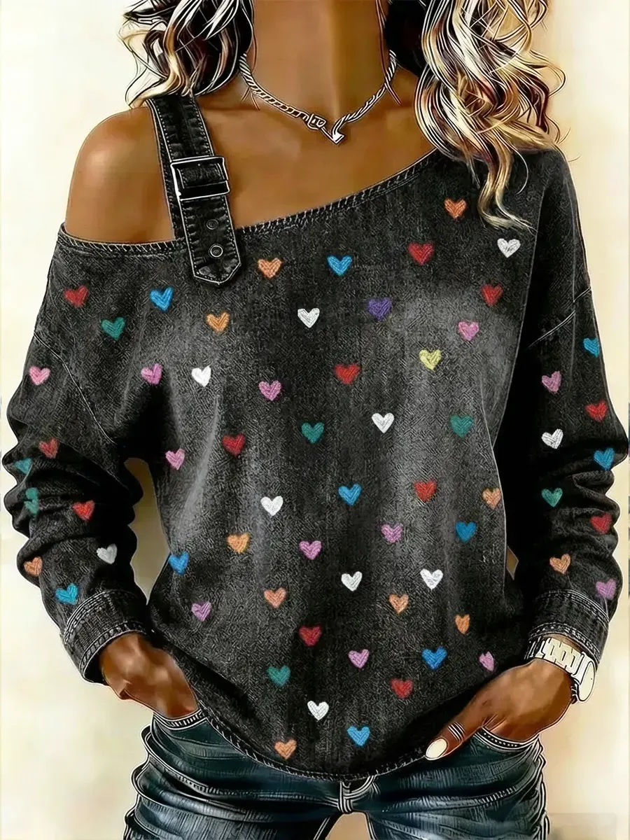 Women's Casual And Fashionable Denim Top With Heart Pattern - iotean