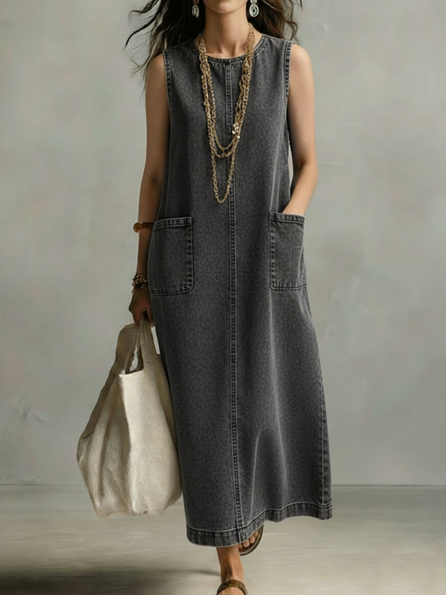 Casual Minimalist Patch Pockets Denim Dress - iotean