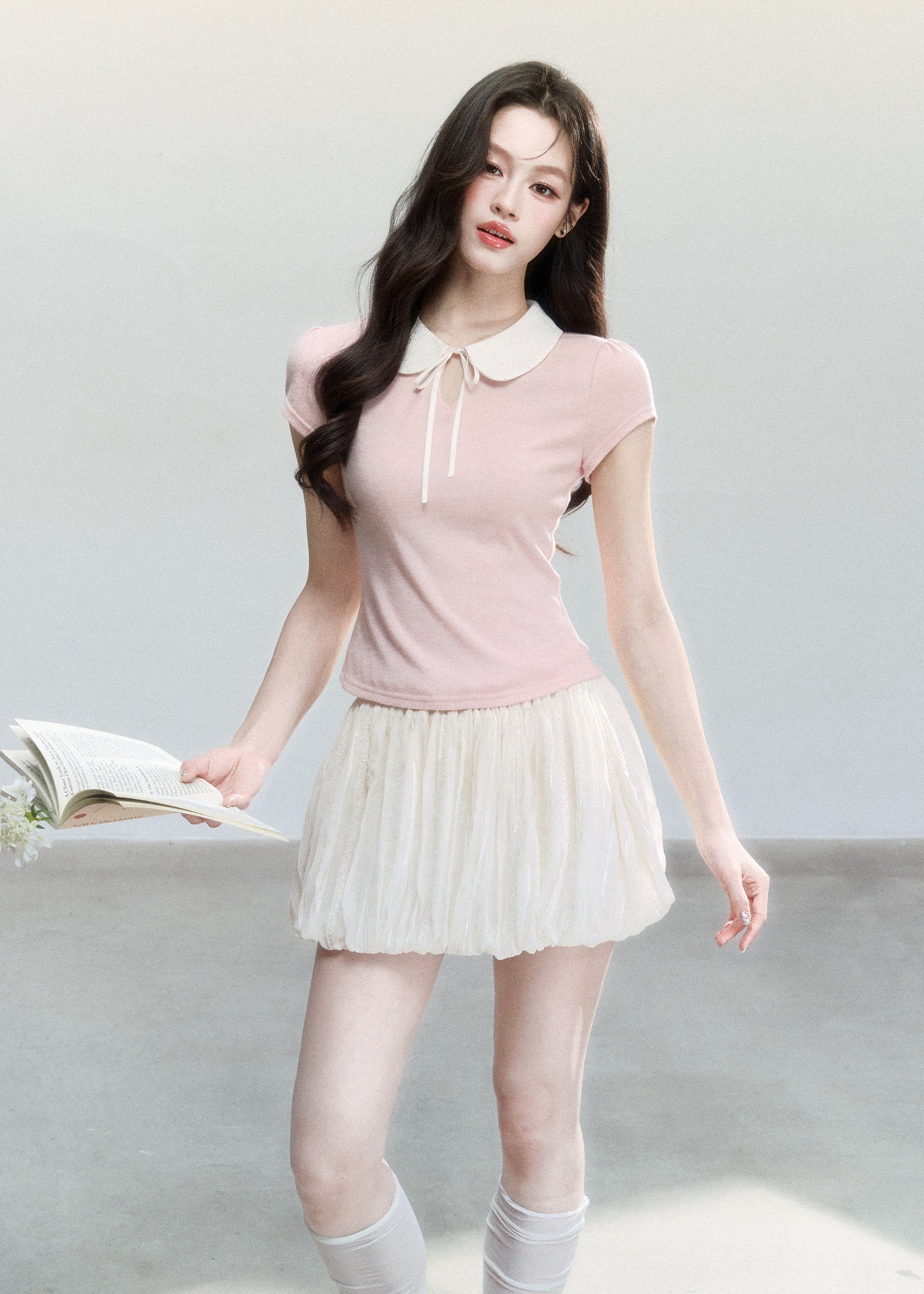 Doll Collar Slim Knit T-Shirt - iotean