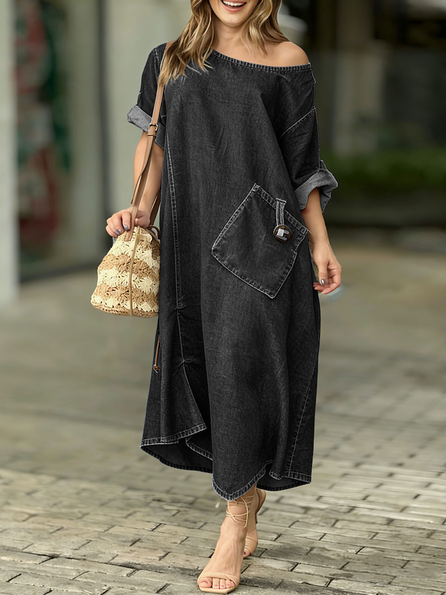 Women's Round Neck 3/4 Sleeve Casual Loose Denim Dress - iotean