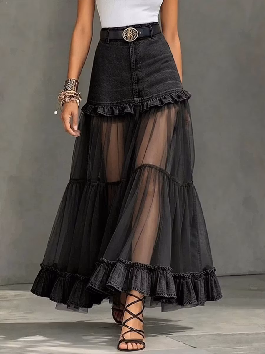 Casual Denim-paneled Chiffon Ruffled Skirt - iotean