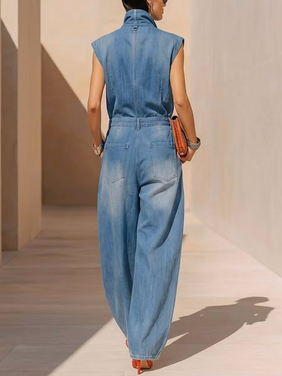 Women's Stand-up Collar Sleeveless Casual Loose Denim Jumpsuit - iotean