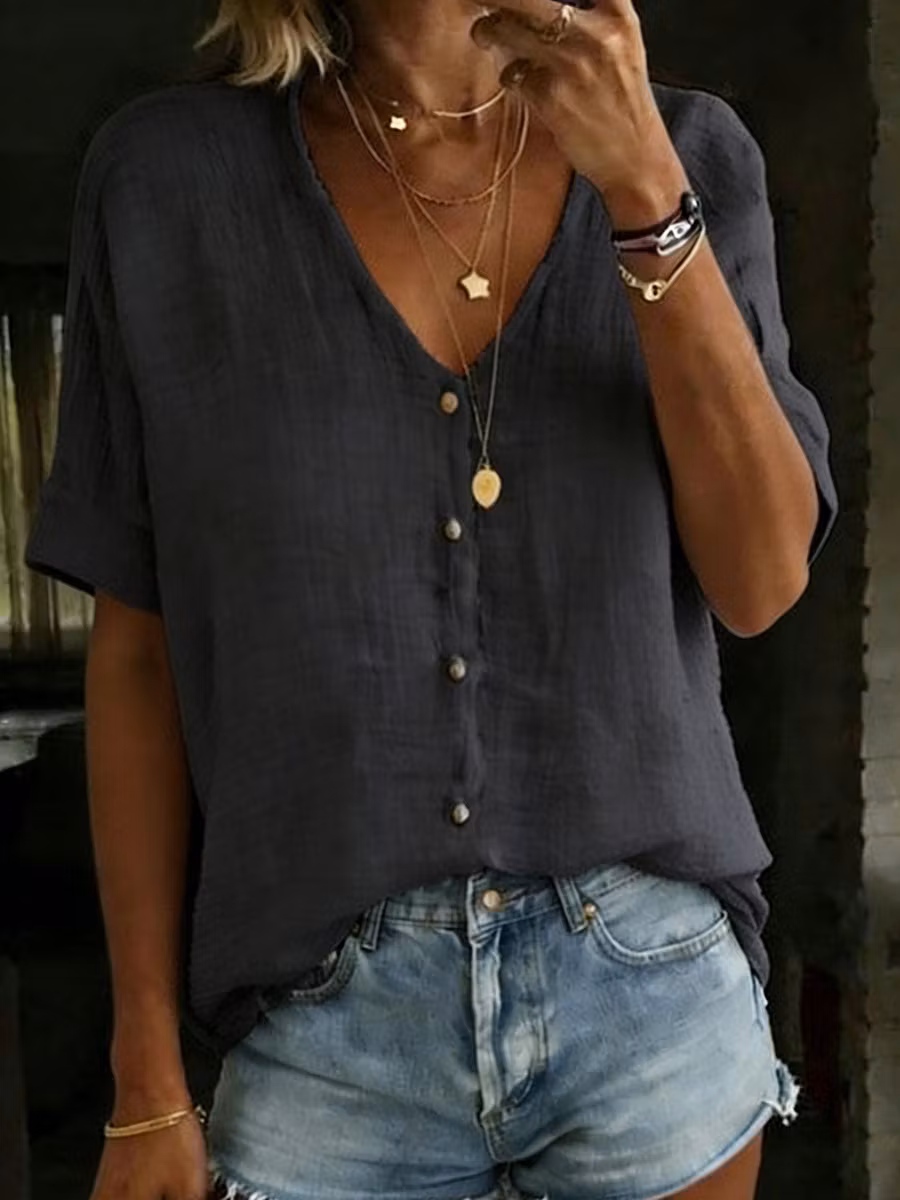Women's Cotton Linen Loose Solid Color Short-sleeved Shirt - iotean