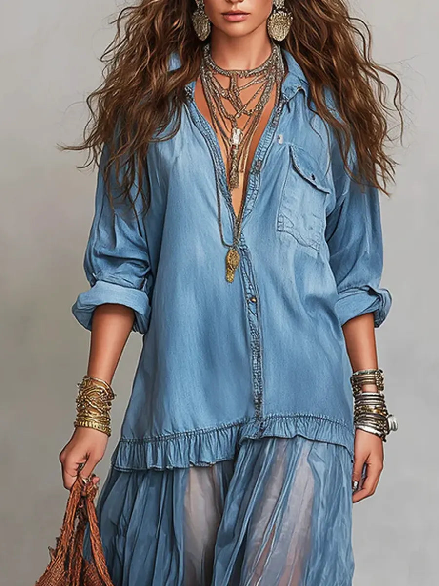 Women's Retro Lapel Denim Organza Patchwork Art Casual Maxi Dress - iotean
