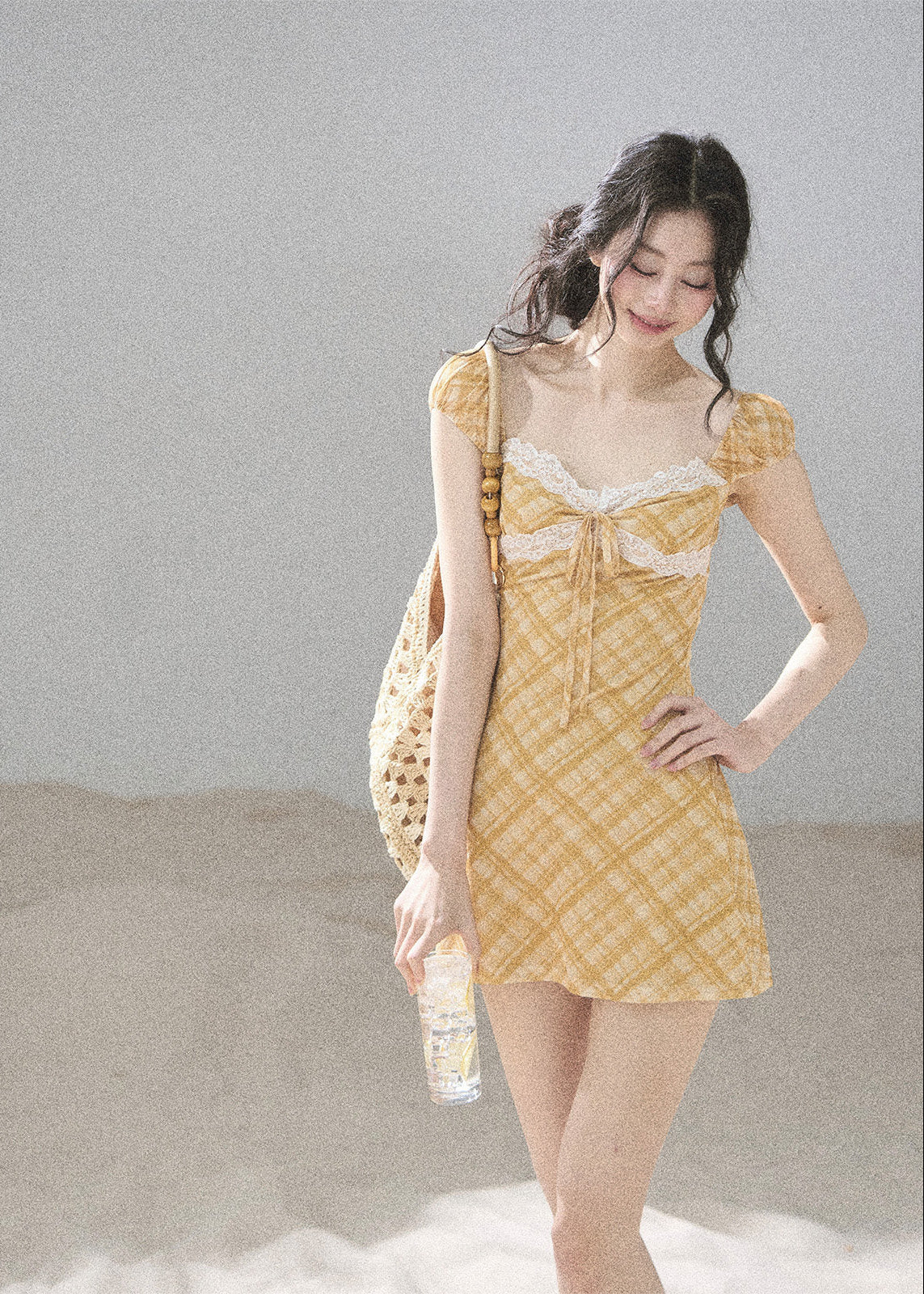 Golden Wheat Lace-Trim Mini Dress - iotean