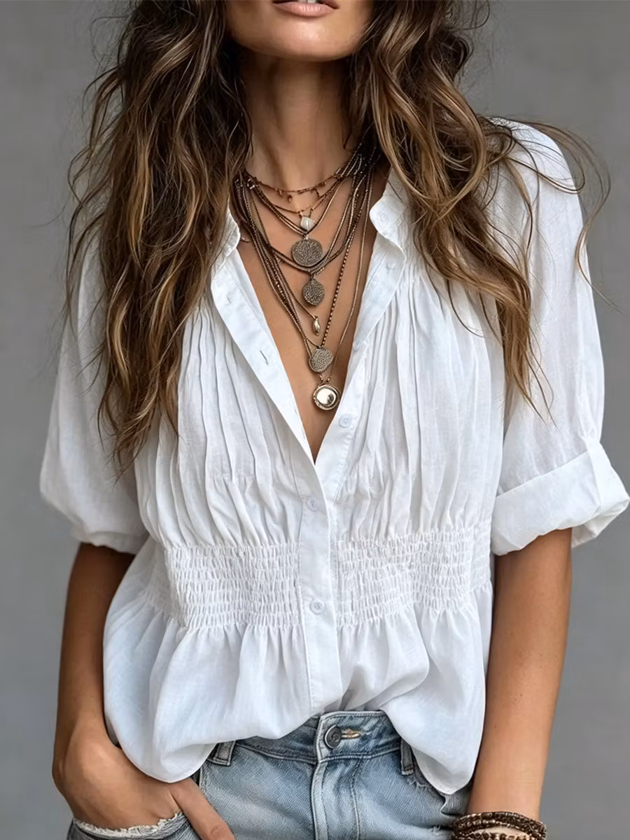 Women's Cozy Minimalist Solid-color Round Neck 100% Cotton Shirt - iotean