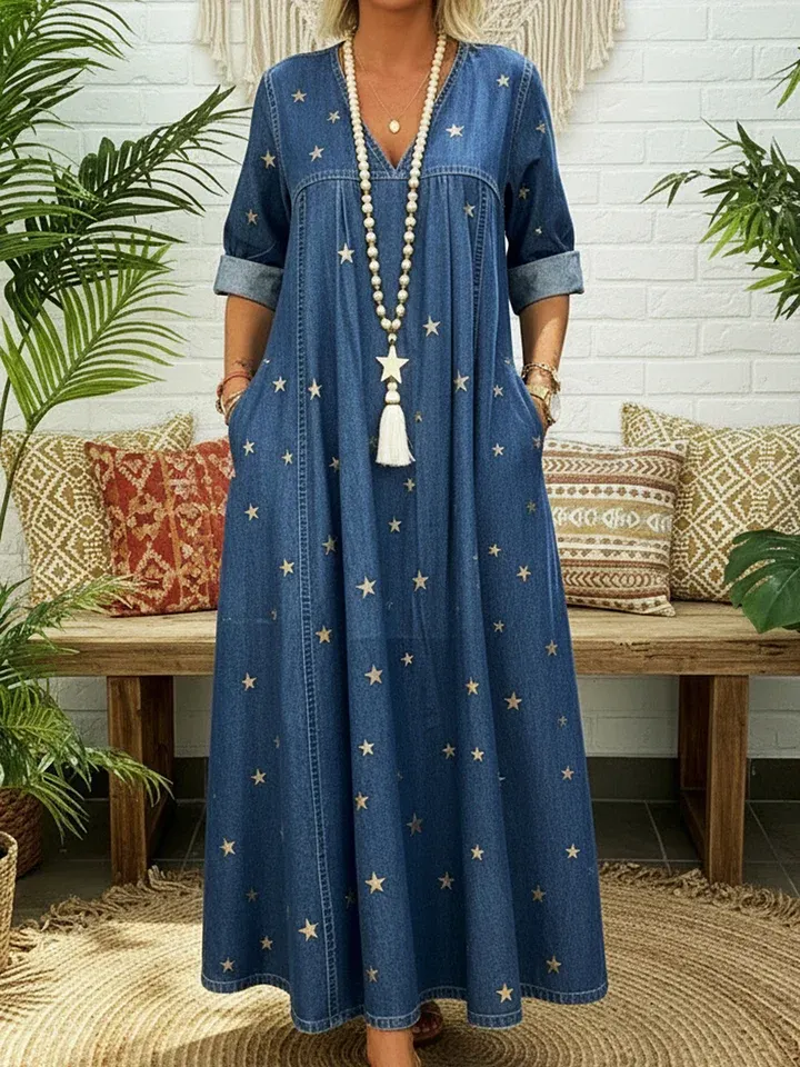 Casual Gold Star Print 100% Cotton Denim Dress - iotean