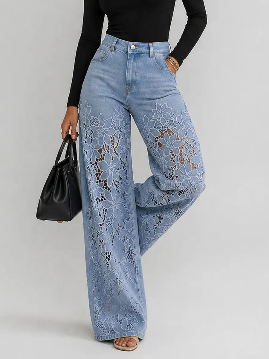 Lace Cut-out Wide-leg Denim Jeans - iotean