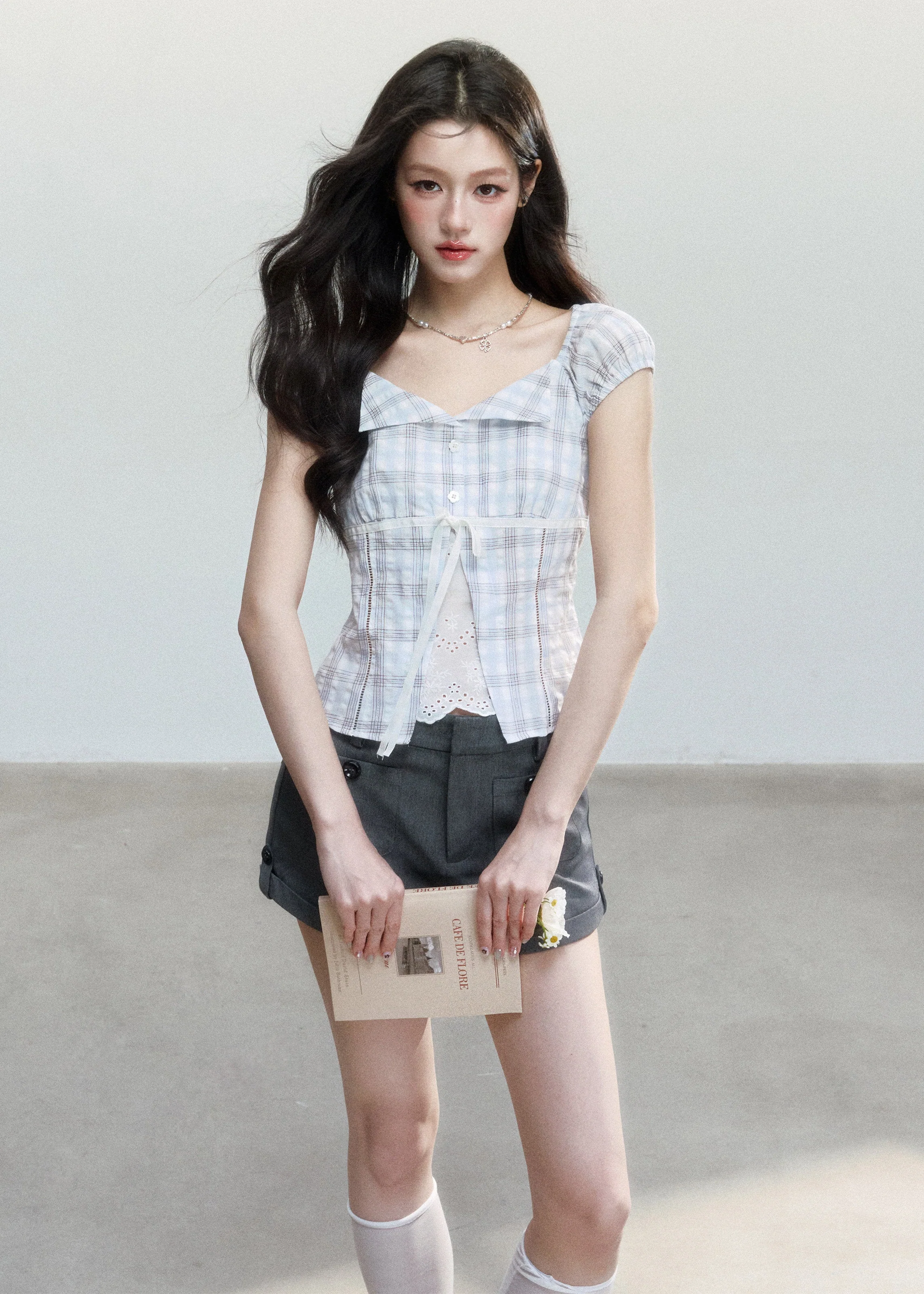 Clear Sky Plaid Lace Top - iotean