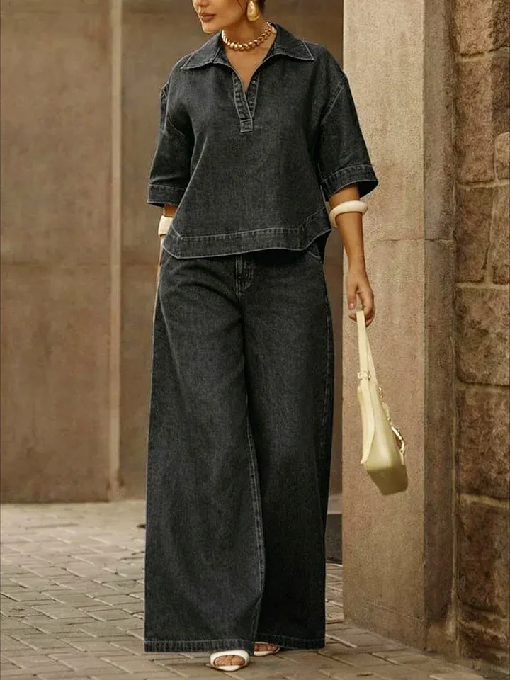 Women's Casual 100% Cotton Denim Top And Wide-leg Pants Two-piece Set - iotean