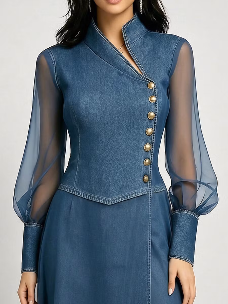 Stylish Stand-collar Organza-paneled Denim Dress - iotean