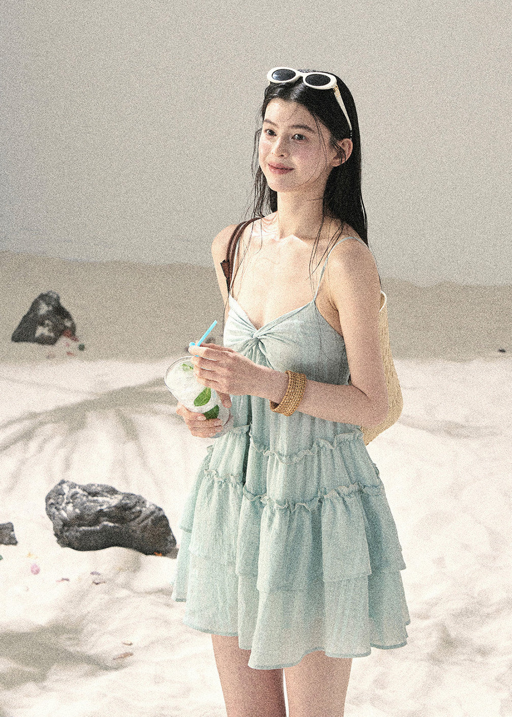Seafoam Drift Tiered Mini Dress - iotean