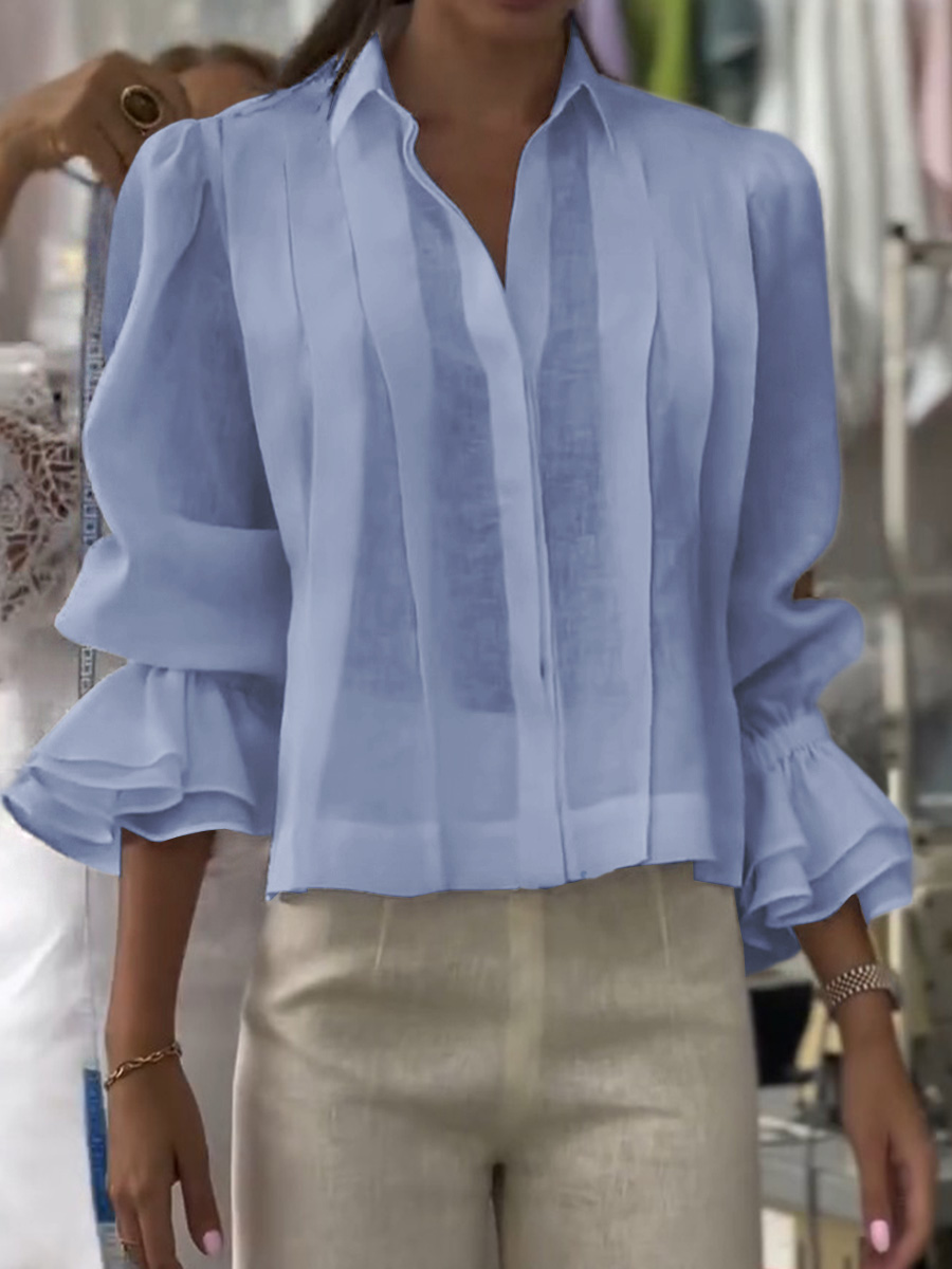 Women's Solid Color Lapel Long Sleeve Casual Loose Linen Cardigan Top - iotean