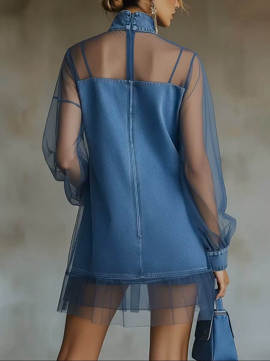 Fashionable Patchwork Organza Denim Mini Dress - iotean