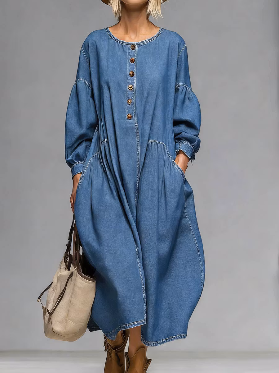 Women's Round Neck Long-sleeved Casual Loose Denim Dress - iotean