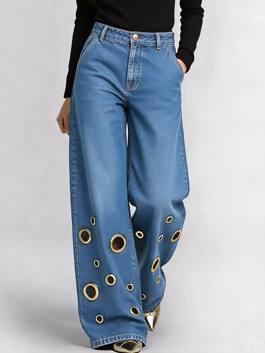 Women's High-waisted Hollow-out Design Casual Loose Wide-leg Jeans - iotean