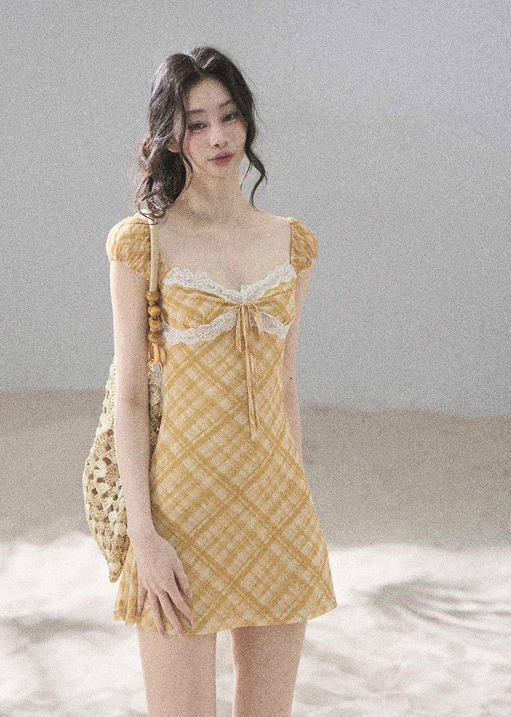 Golden Wheat Lace-Trim Mini Dress - iotean