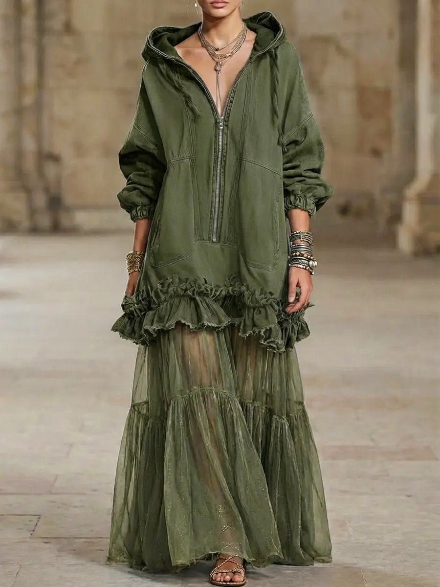 Women's Retro Hooded Zip Ruffled Denim Organza Patchwork Art Casual Maxi Dress - iotean