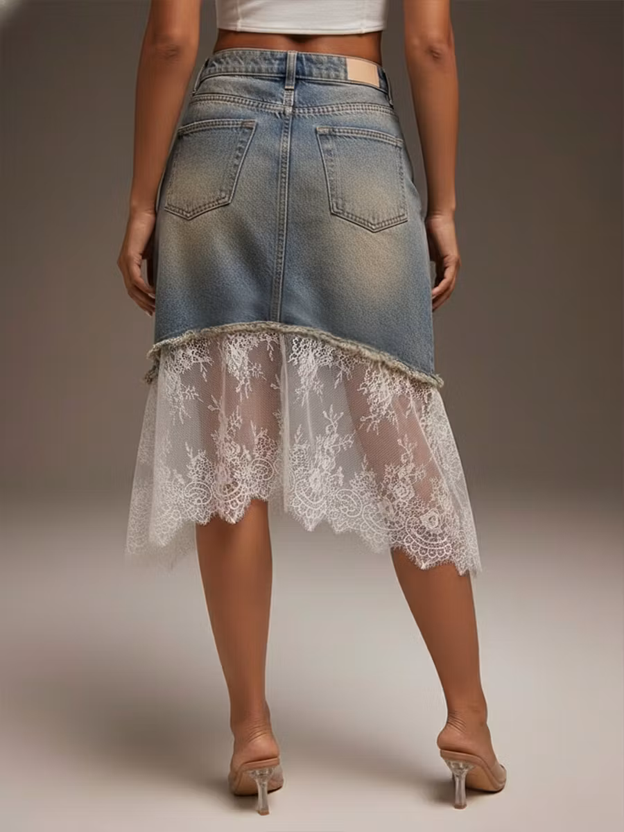 Casual Lace-paneled Denim Skirt - iotean