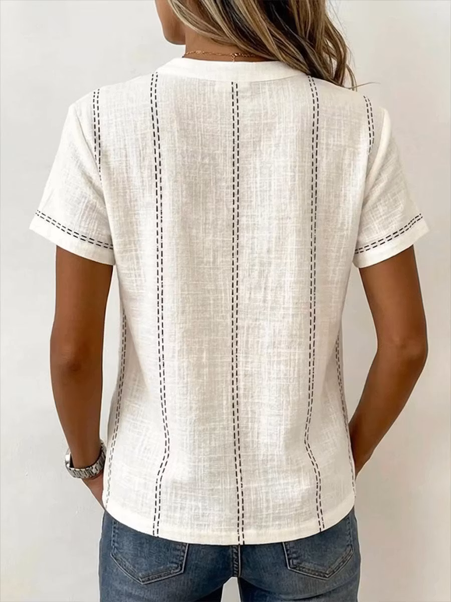Women's V-neck Short-sleeve Casual Loose Cotton-linen Top - iotean