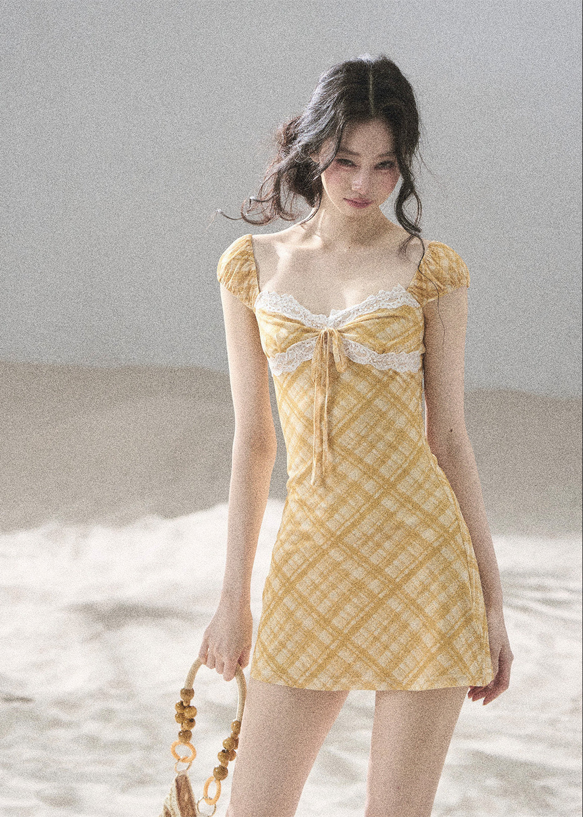 Golden Wheat Lace-Trim Mini Dress - iotean