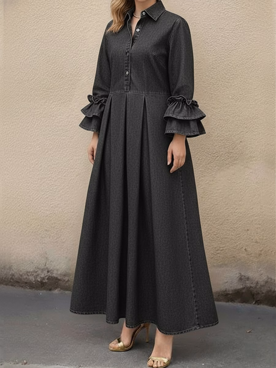 Women's Casual Denim Dress With Ruffled Sleeves - iotean
