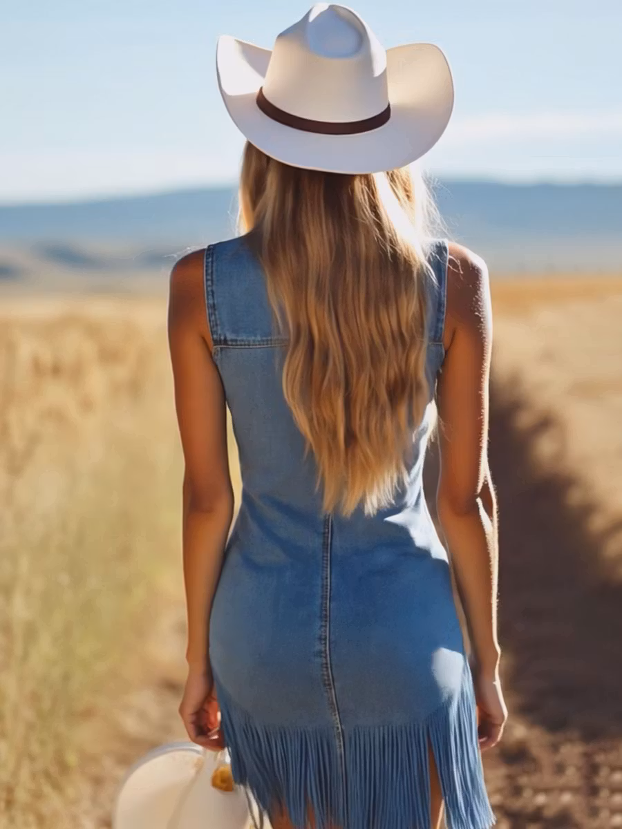Casual Vintage Blue Denim V-Neck Tie Sleeveless Tassel Mini Dress - iotean
