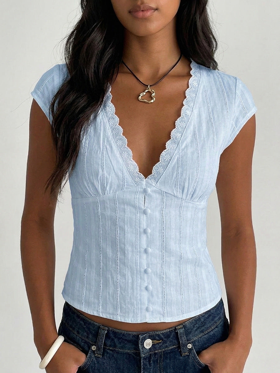 Women's V-neck Lace-trimmed Top - iotean