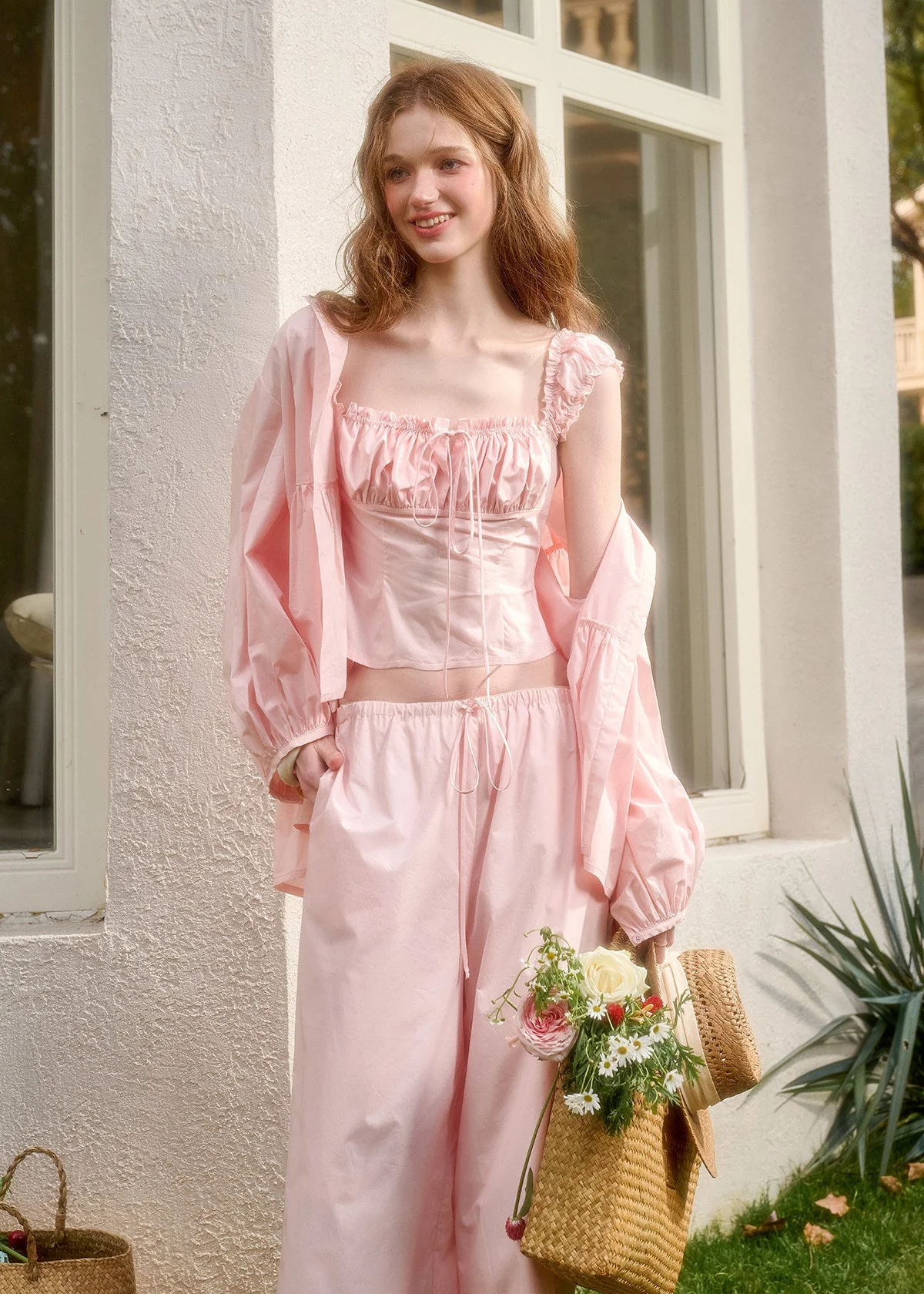 Baby Pink Ruffle Cami & Lounge Pants Set - iotean