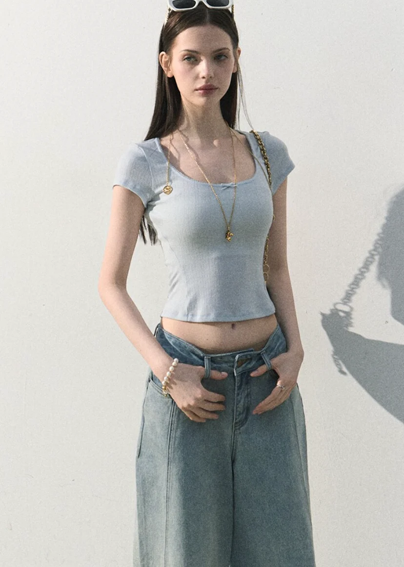 Iced Mint Lace-Trim U-Neck Top - iotean