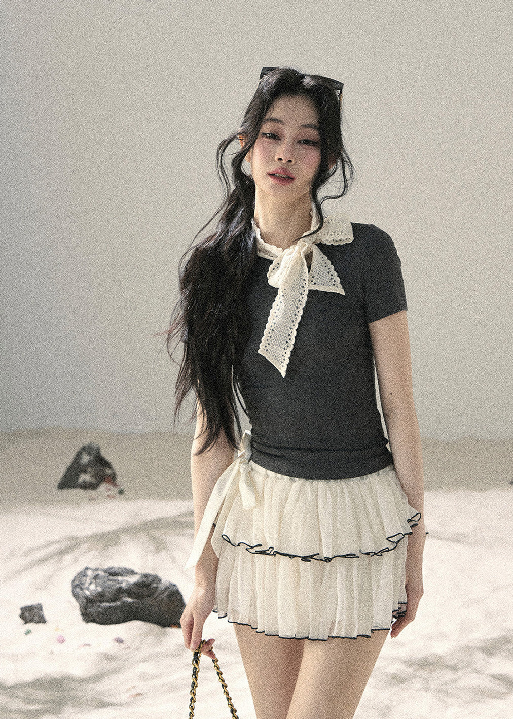 Gray Shadow Lace Bow Fitted T-Shirt - iotean