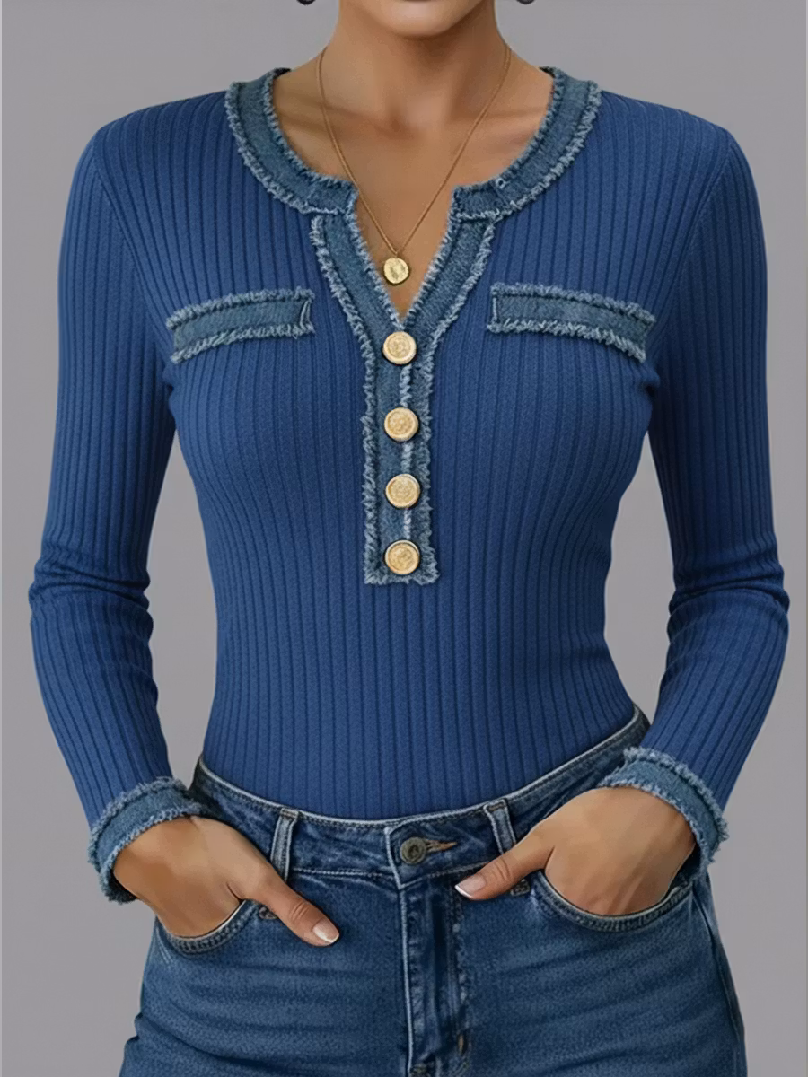 Casual Patchwork Denim Webbing Knit Top - iotean
