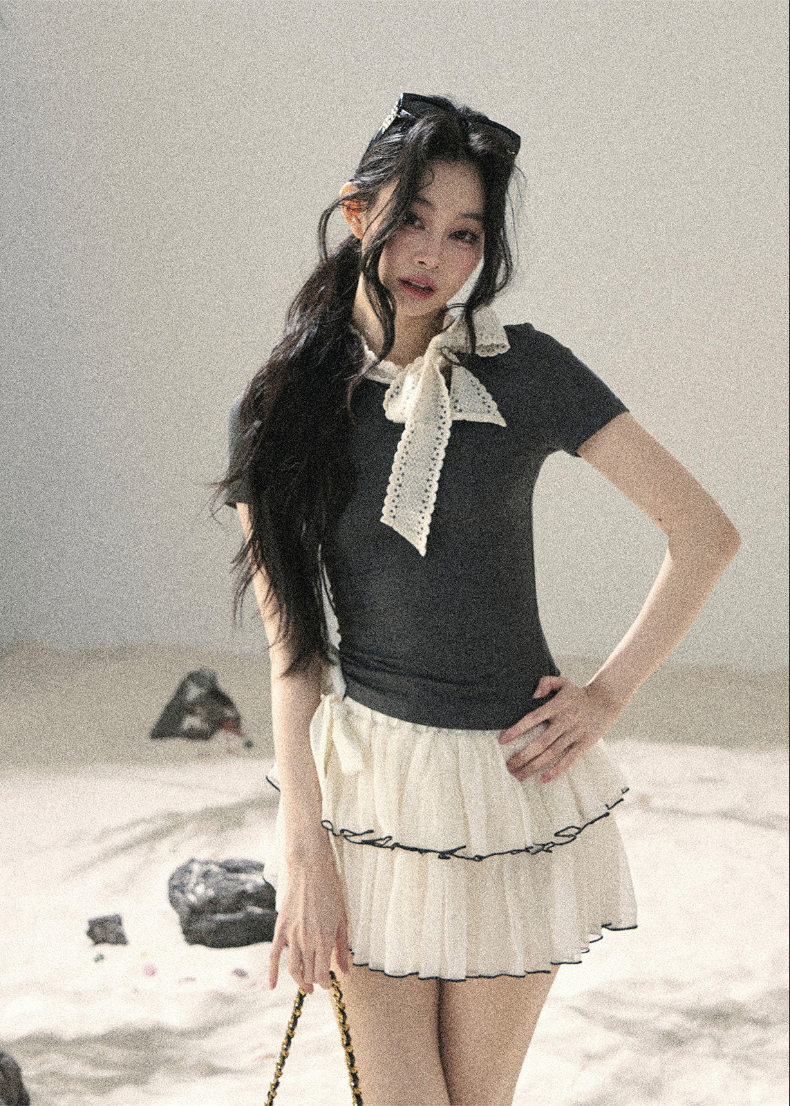 Gray Shadow Lace Bow Fitted T-Shirt - iotean