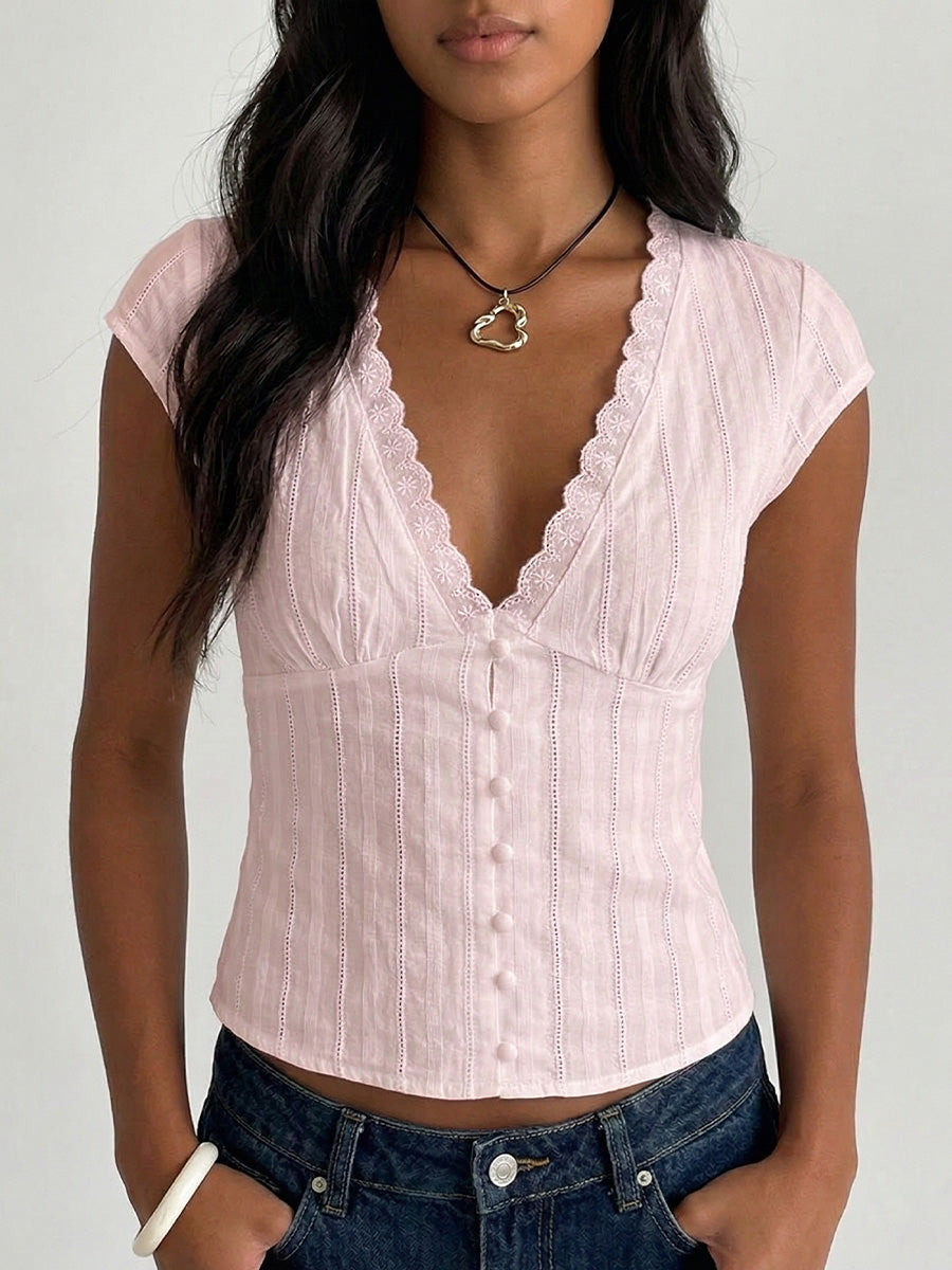 Women's V-neck Lace-trimmed Top - iotean