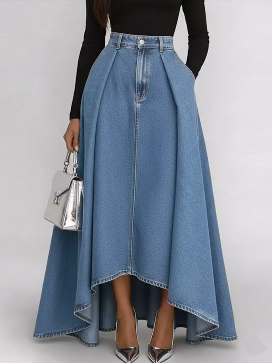 Women's High-waisted Loose-fitting A-line Denim Skirt - iotean
