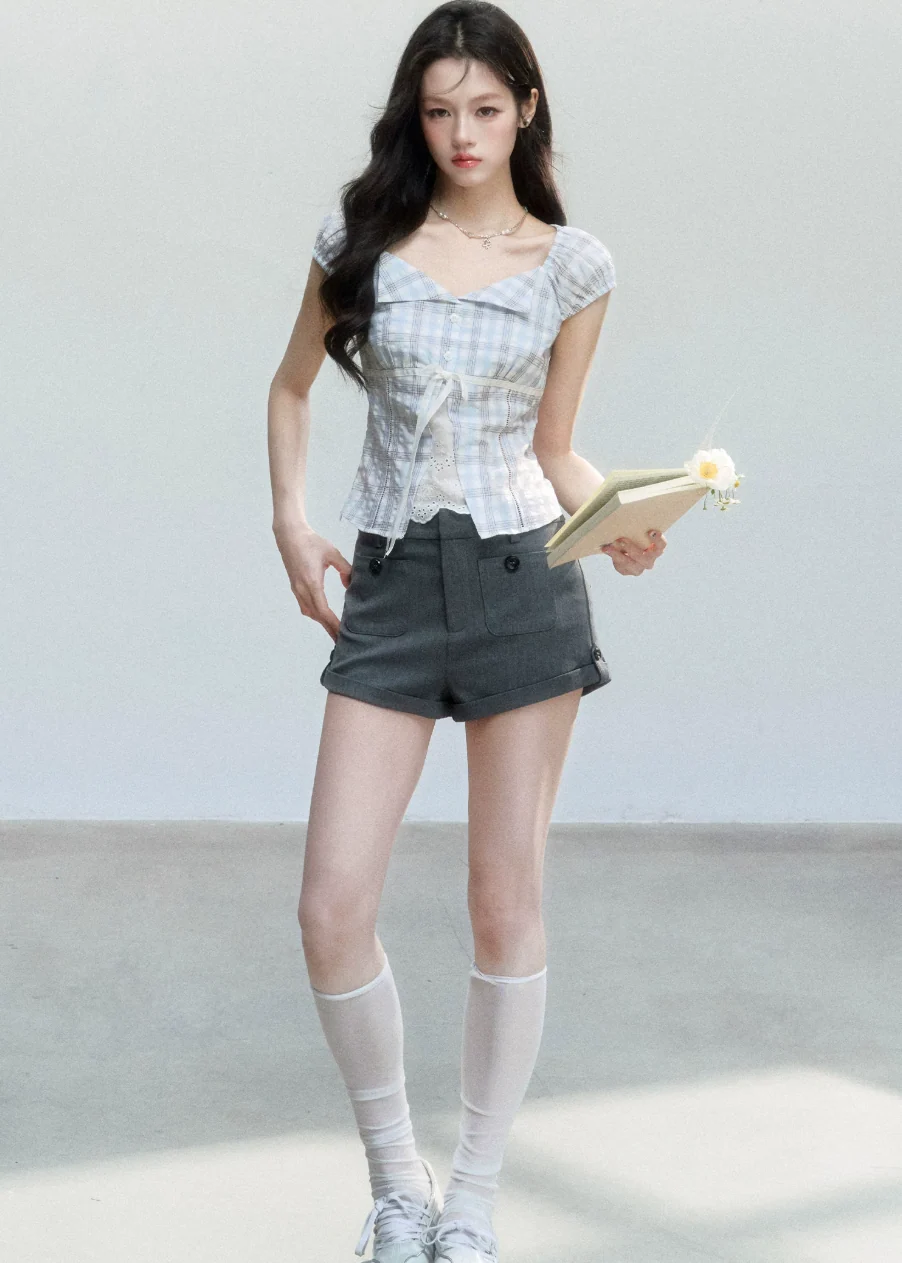 Clear Sky Plaid Lace Top - iotean