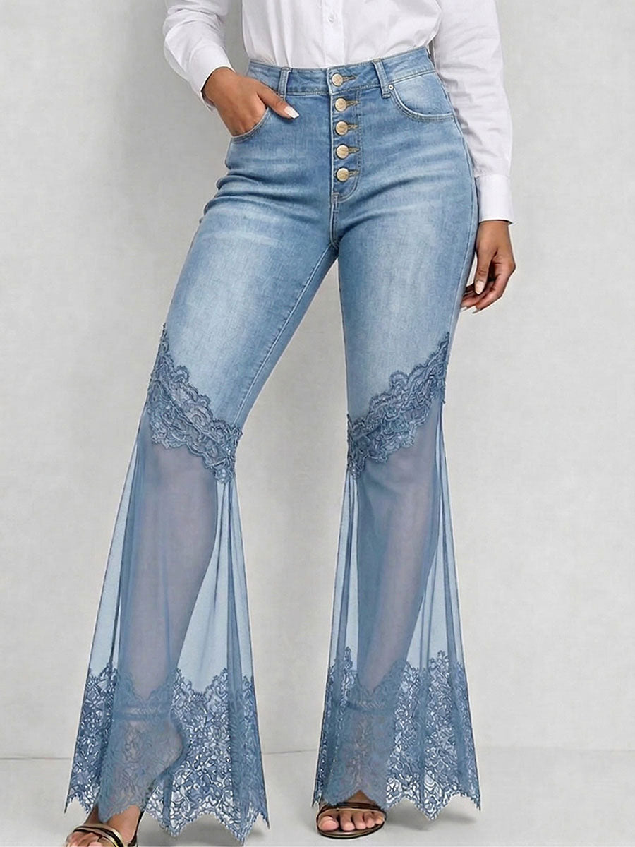 Women's High-waisted Loose-fit Lace-paneled Denim Wide-leg Pants - iotean