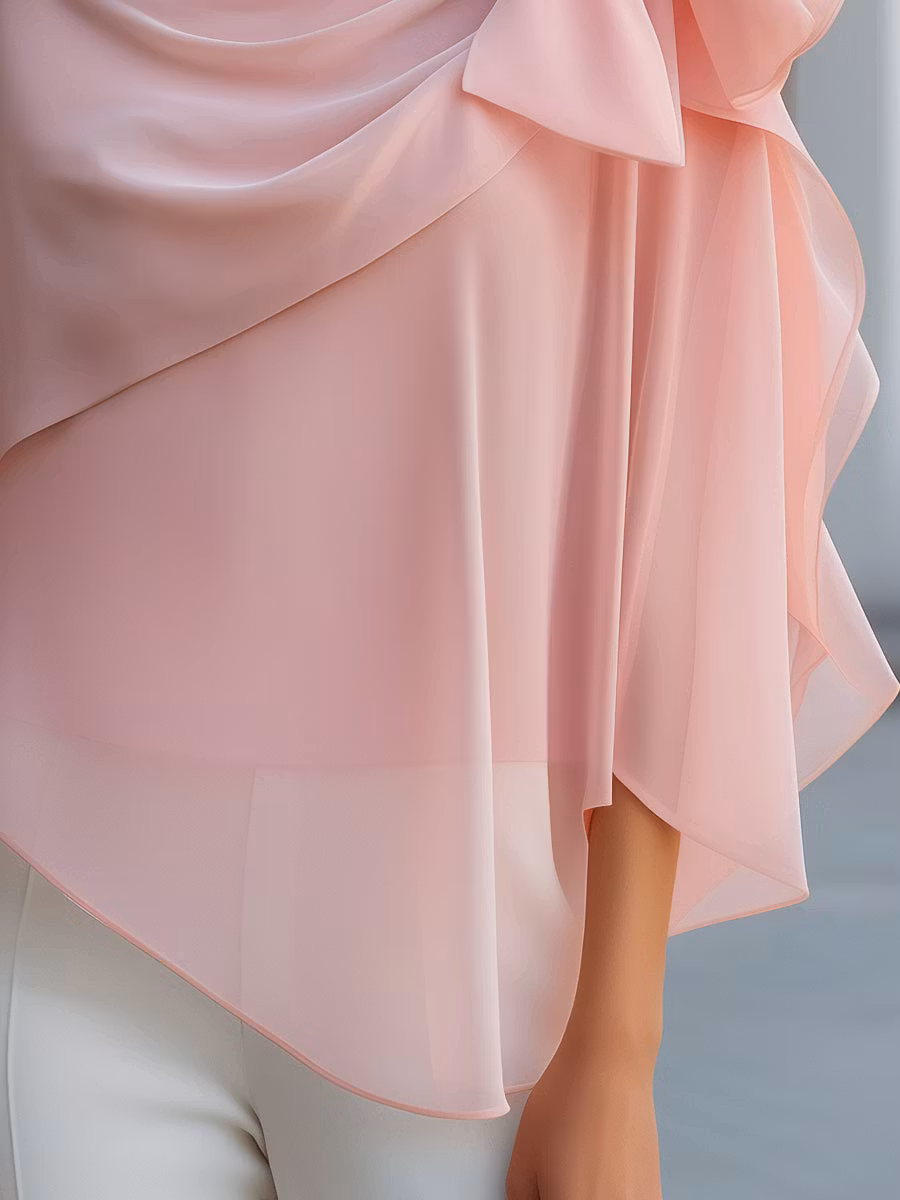 Asymmetric Bow Draped Chiffon Blouse - iotean