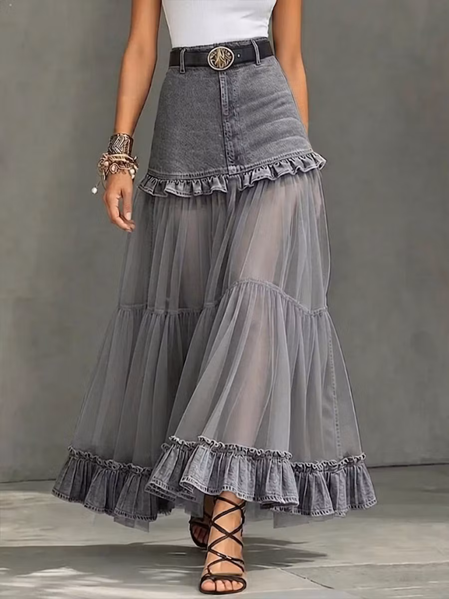 Casual Denim-paneled Chiffon Ruffled Skirt - iotean