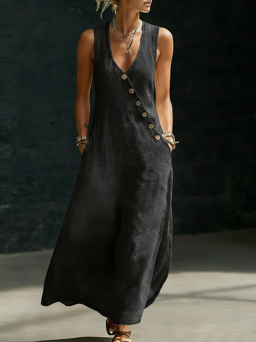 Minimalist Button-up V-neck Denim Dress - iotean