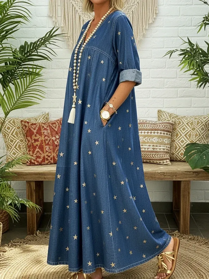 Casual Gold Star Print 100% Cotton Denim Dress - iotean