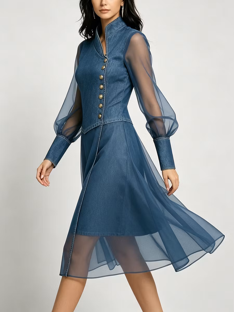 Stylish Stand-collar Organza-paneled Denim Dress - iotean