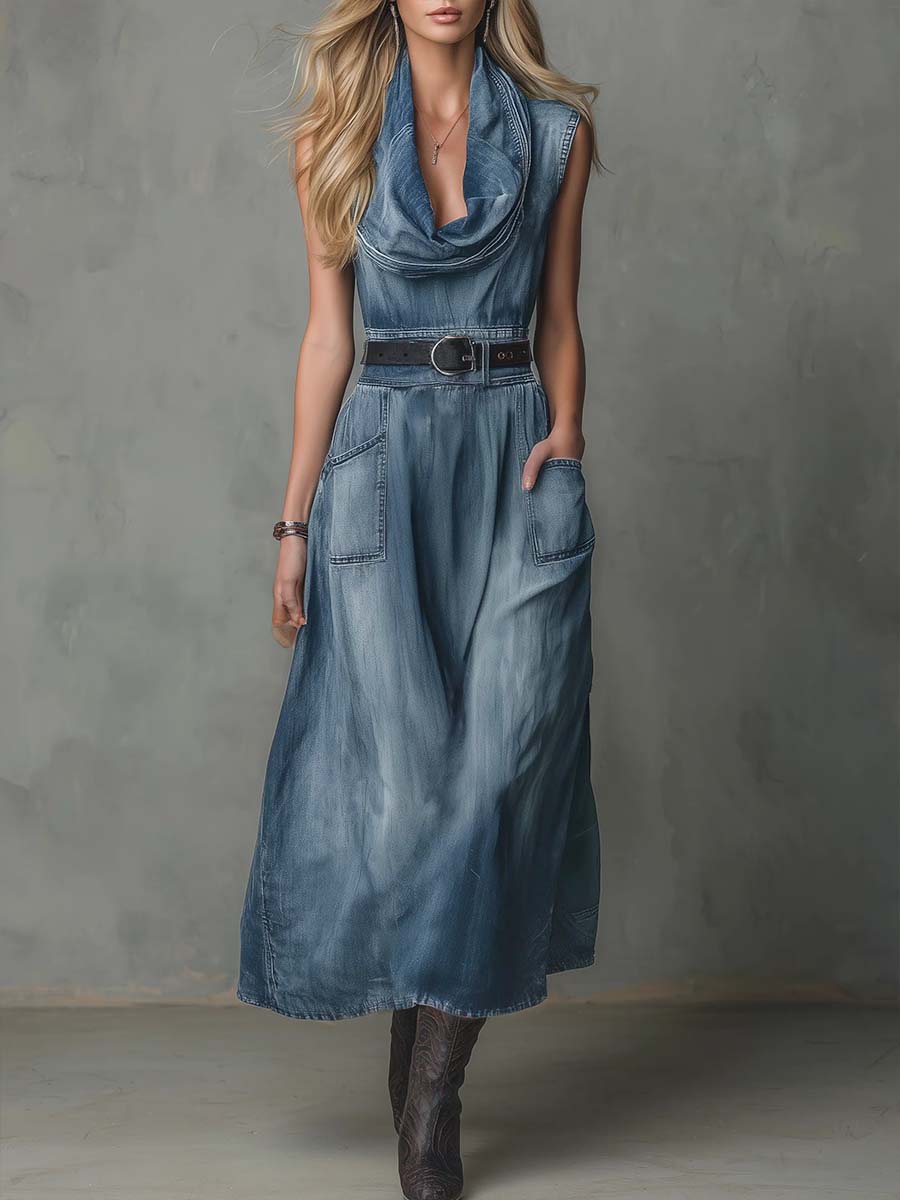 Women's Sleeveless Casual Loose Denim Dress With A Ruffled Neckline - iotean