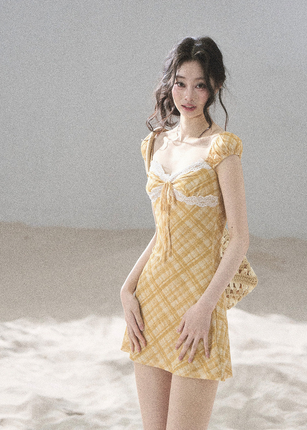 Golden Wheat Lace-Trim Mini Dress - iotean
