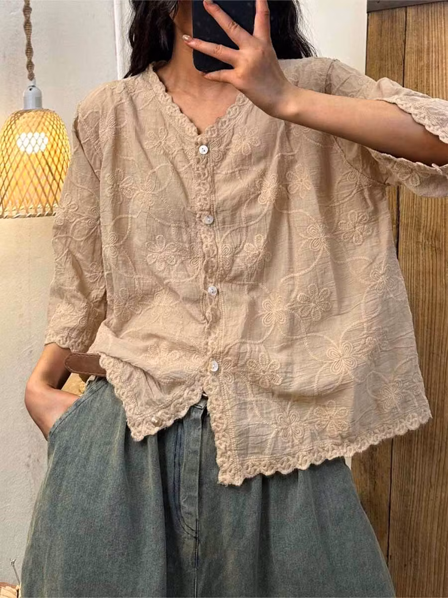 Women's V-neck Half Sleeve Embroidered Cardigan Buttoned Casual Linen Top - iotean