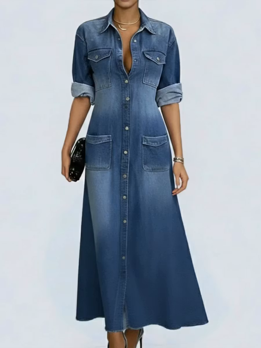 Women's Lapel Long-sleeved Casual Loose Denim Shirt Dress - iotean