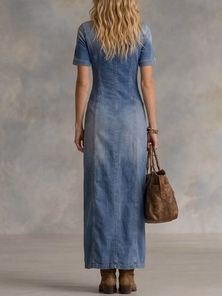 Women's V-neck Short-sleeve Ruffled Denim Dress - iotean