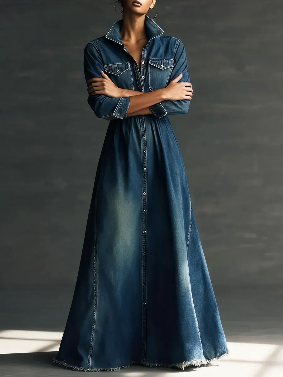 Women Stylish Art Stand Collar Washed Denim Midi Dress - iotean