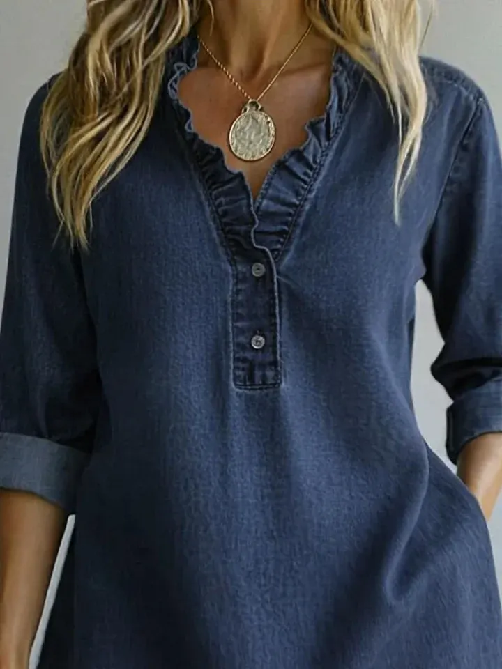Casual Romantic Ruffled Collar Denim Shirt - iotean